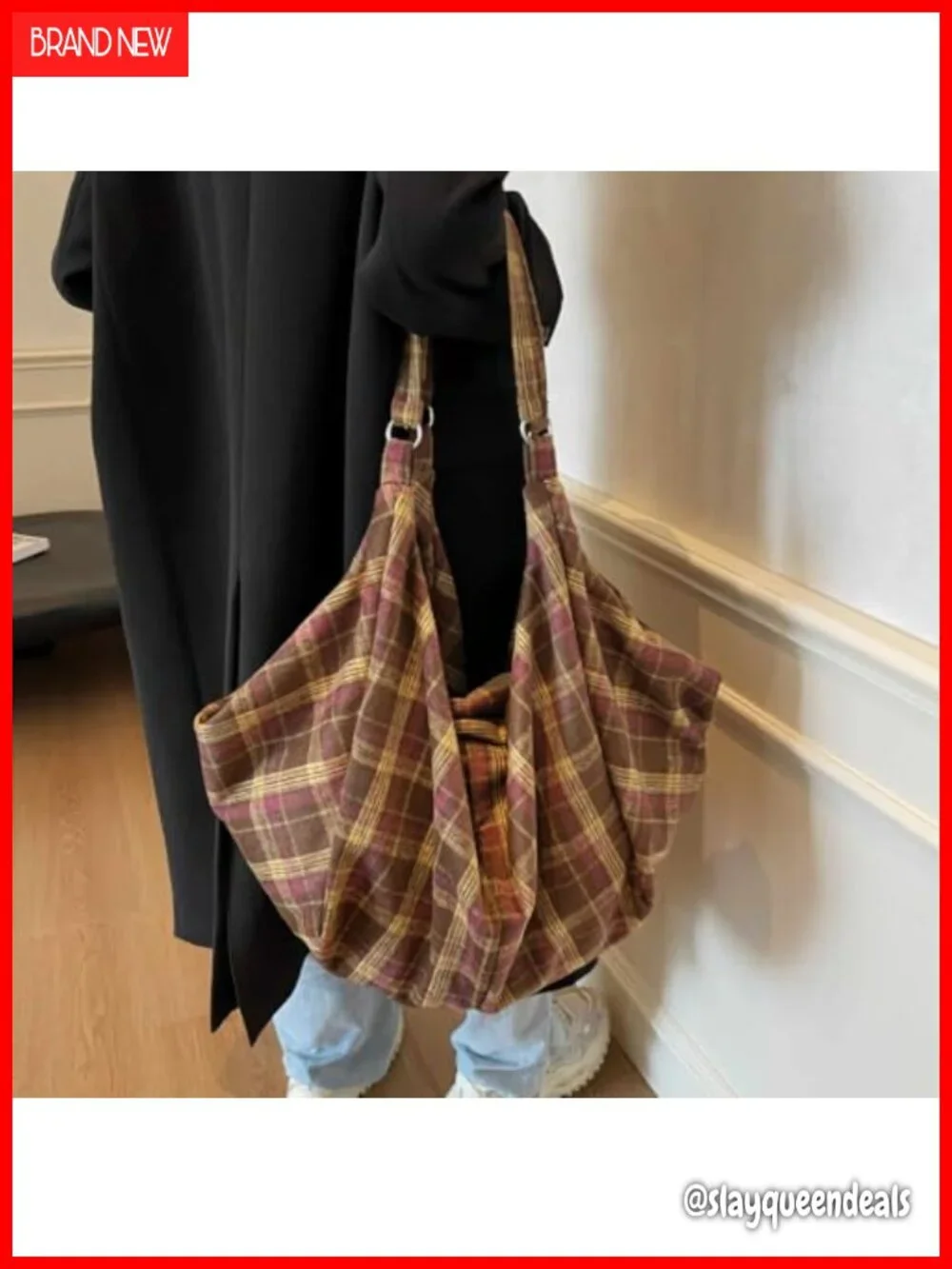 Plaid Woolen Hobo Shoulder Bag Large Capacity